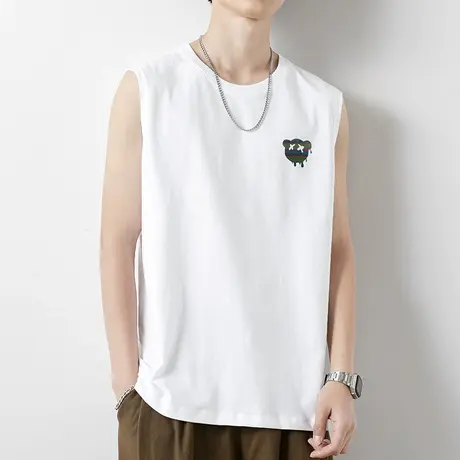 纯棉背心男士夏季外穿小熊白色无袖t恤健身运动坎肩跨栏篮球汗衫商品大图