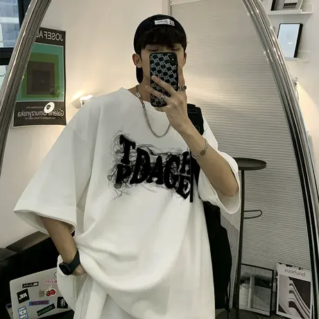 美式重磅短袖男夏季高街潮牌潮流t恤oversize高级感痞帅炸街衣服图片