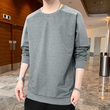 长袖t恤男春秋季新款宽松拼接休闲内搭打底衫青少年圆领无帽卫衣商品大图