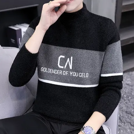 毛衣男半高领内搭针织打底衫秋冬季加绒加厚水貂绒潮流保暖上衣服商品大图