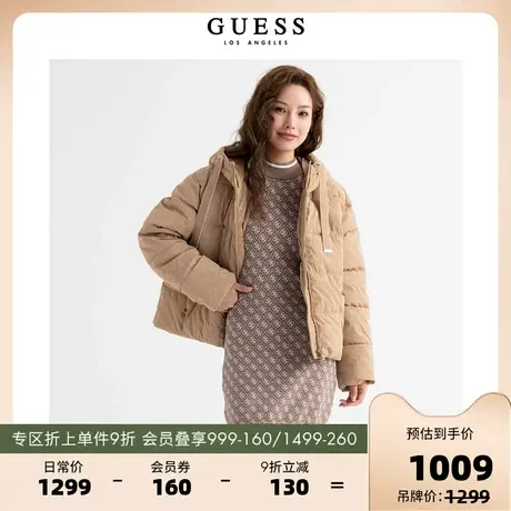 GUESS23新秋女士满印面包服保暖短款连帽棉衣棉服美拉德穿搭外套图片
