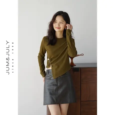 嘉茱莉2023秋季新款不规则长袖针织T恤女短款褶皱针织上衣设计感商品大图