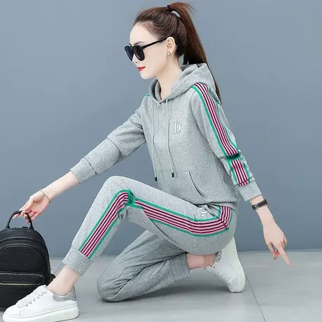 运动套装女春秋2023年新款时尚灰色大码连帽宽松卫衣休闲服两件套图片