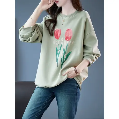 宝诗黎圆领印花落肩长袖卫衣女春秋季宽松棉质慵懒上衣2023年新款商品大图