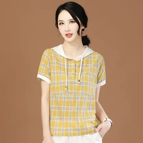 韩潮袭人连帽格子短袖套头衬衫女2023春季新款设计感小众宽松衬衣商品大图