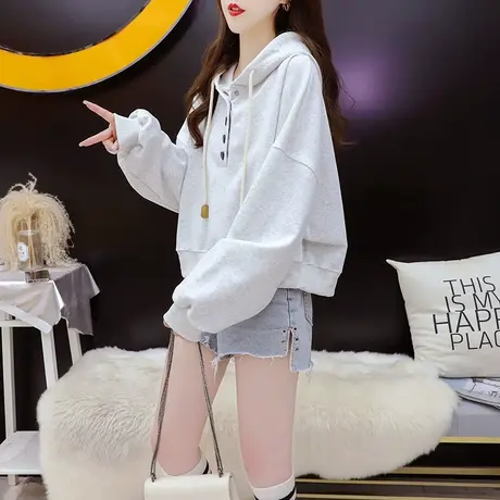 宽松短款小个子连帽卫衣女2023早秋季新款时尚洋气百搭慵懒风上衣图片