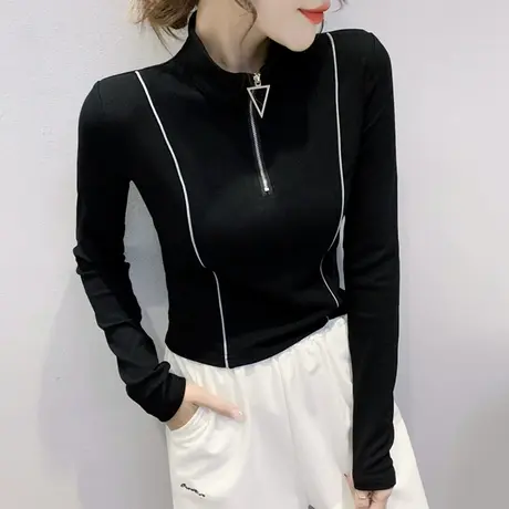 半高领打底衫女春秋新款时尚拉链长袖T恤女装洋气修身内搭上衣潮商品大图
