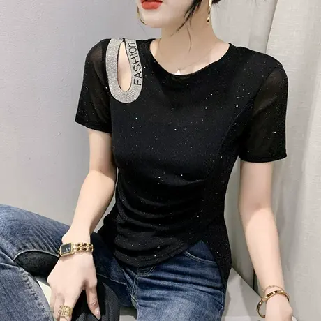性感镂空网纱T恤女短袖夏装欧货洋气短款烫钻上衣不规则开叉小衫商品大图