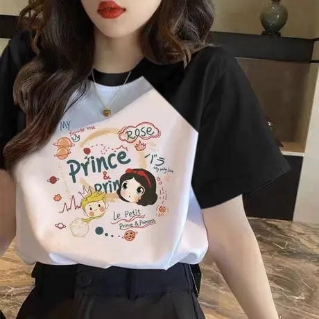 韩版2023夏季新款纯棉短袖t恤女黑白撞色卡通时尚休闲印花上衣潮图片