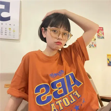 红续美式复古短袖T恤女2023夏季新款设计感小众字母宽松纯棉上衣图片