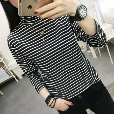 高领打底衫女秋冬2023洋气百搭长袖韩版简约条纹修身显瘦网红上衣商品大图