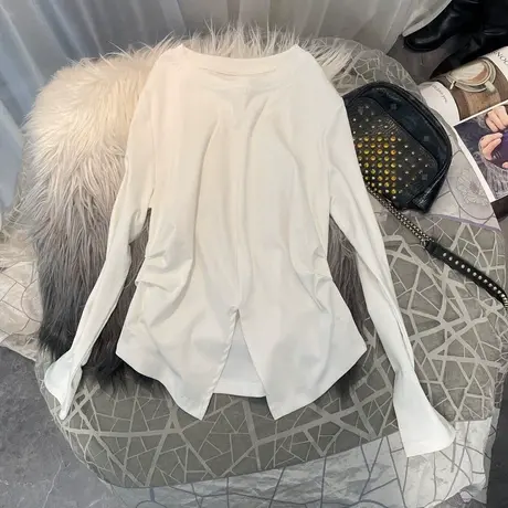 修身收腰白色打底衫女2023春秋款简约气质纯色显瘦长袖韩国T恤商品大图