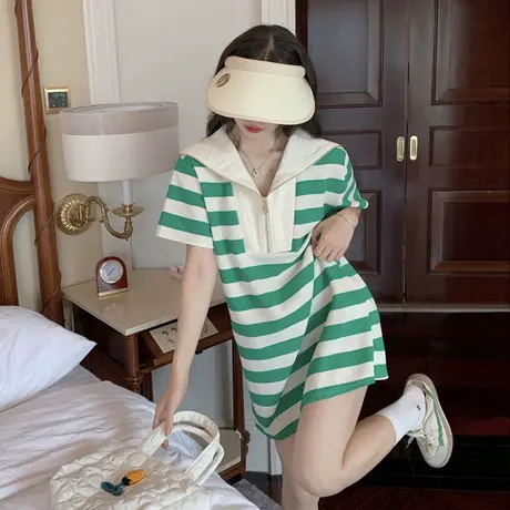 气质连衣裙女夏季2022新款polo领条纹宽松显瘦中长款短袖t恤裙潮图片