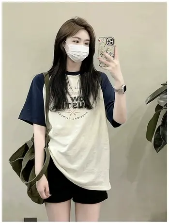 撞色插肩短袖t恤女纯棉韩版宽松夏季美式复古小众设计感半袖上衣商品大图