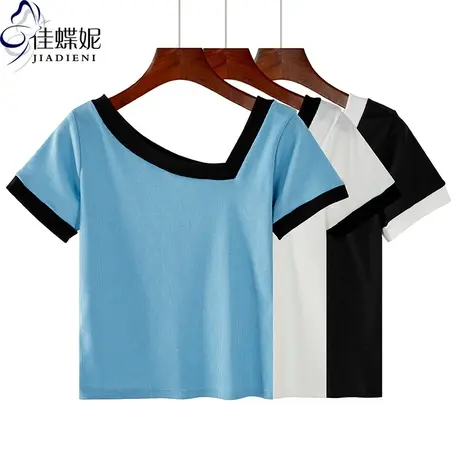 夏季新款斜领拼接纯色纯白修身短款韩版短袖体恤上衣内搭打底女装商品大图