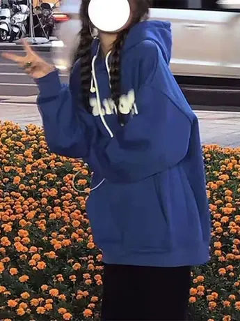 克莱因蓝连帽卫衣女小个子春秋季薄款oversize宽松慵懒风外套潮图片