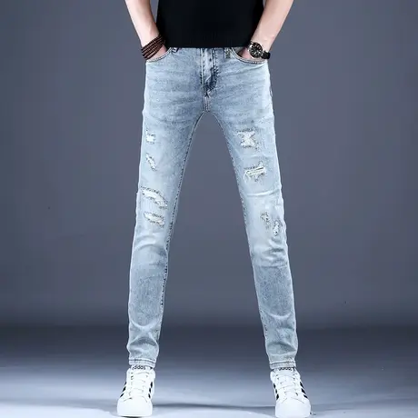 男士新款牛仔裤子简约修身刺绣破洞补丁小脚裤2023秋款棉弹百搭裤图片