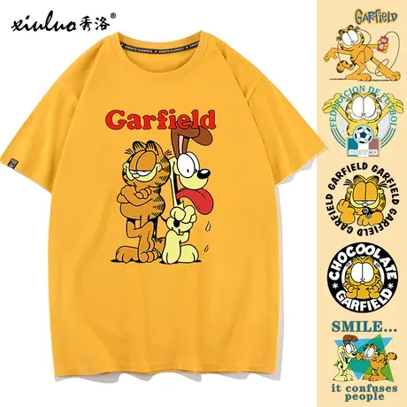 秀洛夏季新款加菲猫联名短袖T恤男女印花休闲情侣装商品大图
