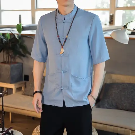 夏季薄款衬衫中式立领盘扣大码短袖中国风男式休闲复古唐装男青年图片