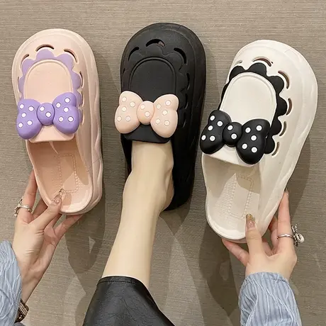 2023新款洞洞鞋女夏季厚底家居外穿时尚波点蝴蝶结防滑包头凉拖鞋商品大图