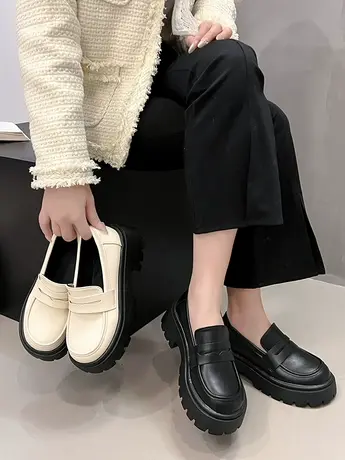 圆头百搭学院风黑色厚底乐福小皮鞋女2024年新款粗跟配裙子单鞋女商品大图
