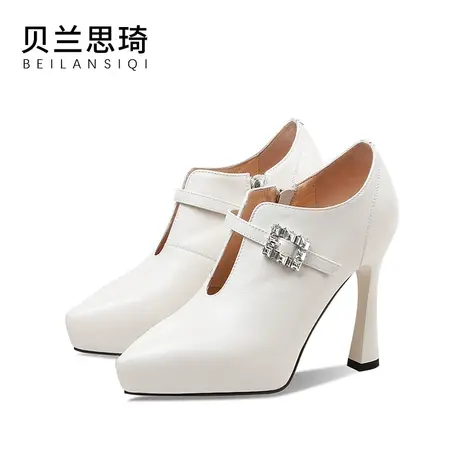 真皮尖头水钻防水台高跟鞋女2024春秋季新款性感深口细跟单鞋图片