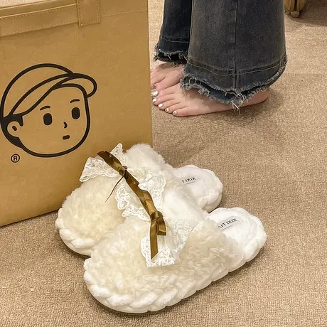 冬季棉拖鞋女外穿甜美蕾丝蝴蝶结室内居家保暖毛绒底防滑月子拖鞋图片