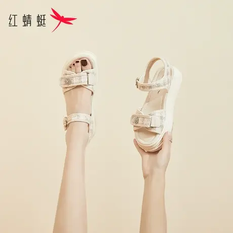 红蜻蜓凉鞋女款2023年新款夏季厚底洋气软底松糕魔术贴增高沙滩鞋商品大图