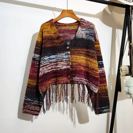 复古条纹流苏针织开衫女秋季新款宽松慵懒风休闲百搭网红毛衣外套图片