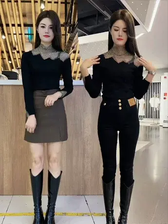 时尚百搭秋装新款洋气拼接上衣女t恤半高领长袖修身显瘦打底衫潮商品大图