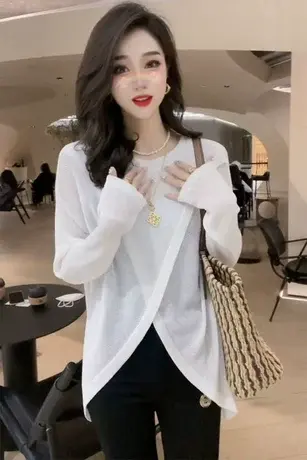 韩版不规则开叉长袖针织防晒衫女2023夏季两面穿薄款微透百搭上衣商品大图