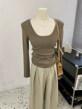 经典简约基础款~U领大领口秋冬新品长袖紧身螺纹棉T恤女针织衫商品大图