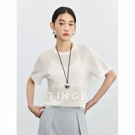 TINGE贴己小众圆领凉感醋酸针织微透短袖上衣女2025年春夏新款T恤图片
