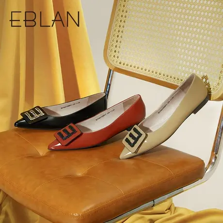 伊伴春季时尚女鞋气质百搭时髦单鞋字母E真皮粗跟通勤平底鞋商品大图