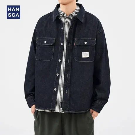 hansca美式牛仔外套男2025春季新款宽松翻领工装夹克多口袋衬衫男图片