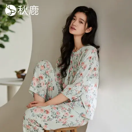 秋鹿柔软莫代尔棉睡衣女士春夏法式碎花蕾丝花边七分袖家居服套装商品大图