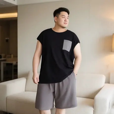 顶瓜瓜睡衣男夏季短袖短裤圆领套头大码胖胖家居服套装可外穿新品商品大图