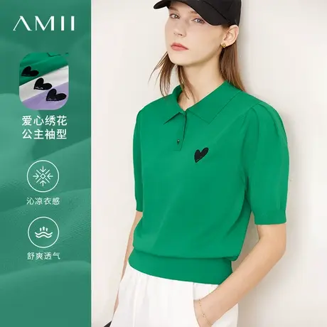 Amii法式刺绣针织衫女2025夏季新款POLO领公主袖桃心绣花短袖上衣商品大图