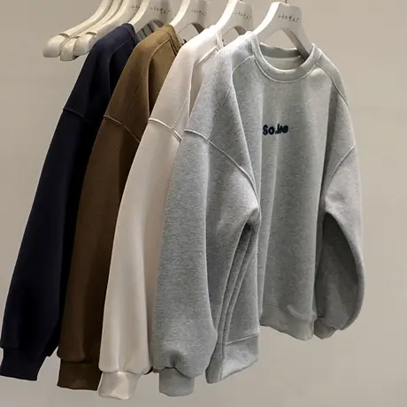 加绒保暖！秋冬美式复古字母刺绣卫衣女宽松百搭长袖休闲加厚上衣商品大图