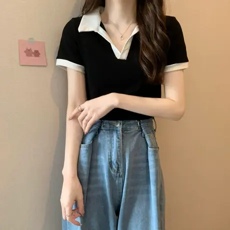 设计感V领短袖正肩t恤女装夏季2023新款别致甜辣短款小众POLO上衣图片