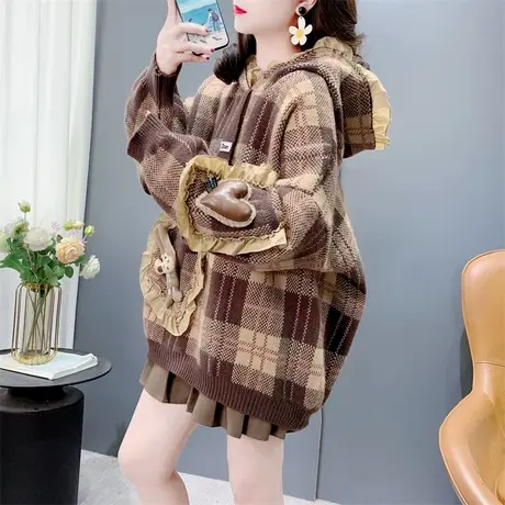 复古卡通格纹连帽毛衣女秋冬外穿2024新款宽松慵懒风减龄针织上衣图片