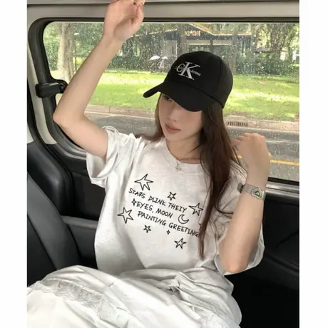 韩系日常通勤风花灰色短袖t恤女高级感字母印花宽松纯棉半袖上衣图片