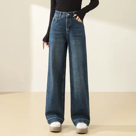 拉夏贝尔高腰复古直筒牛仔裤女2025秋季新款高腰阔腿裤时尚休闲裤商品大图