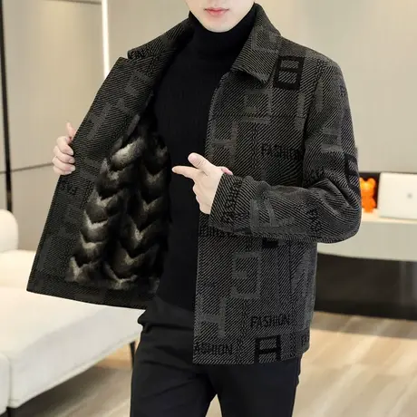 高级感男士毛呢外套秋冬季加绒加厚翻领夹克韩版修身呢子大衣短款商品大图