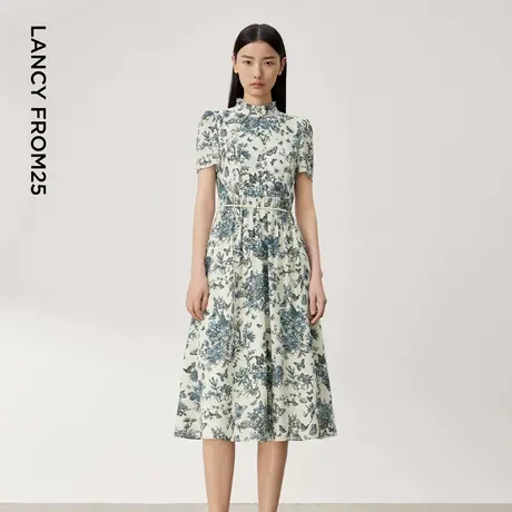 LANCY/朗姿2024夏季新款荷叶领蝴蝶复古印花连衣裙法式收腰裙子女商品大图