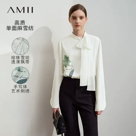 Amii2025夏新款优雅通勤飘带立领玫瑰印花雪纺衫女侧门襟宽松上衣商品大图