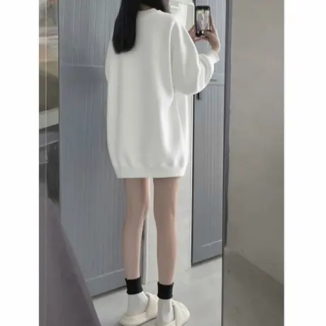 中长款圆领白色卫衣女2025早秋薄款宽松慵懒风上衣遮屁股遮臀长袖商品大图