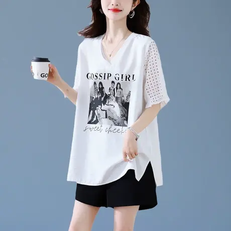 蕾丝拼接短袖T恤女夏季新款宽松显瘦遮肚子设计感中长款女上衣图片