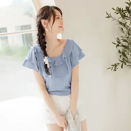 桔熊夏季浪漫雪纺衫女纯色气质舒适修身荷叶领上衣大码AB17015图片