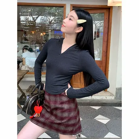 KV真维斯灰色连帽打底衫女秋季2025新款修身胖mm内搭上衣长袖T恤商品大图